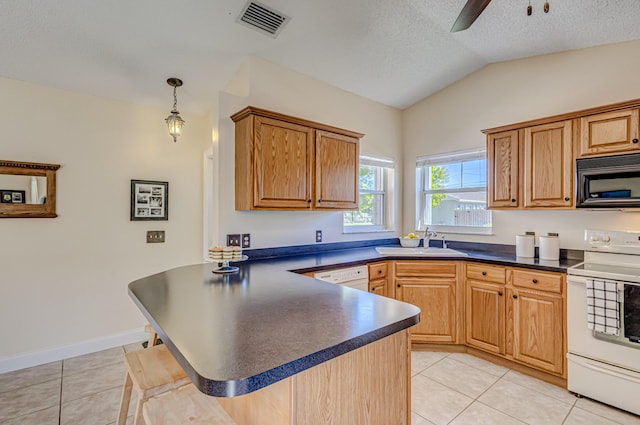 kitchen with sink, white electric range oven, a textured ceiling, vaulted ceiling, and light tile patterned floors