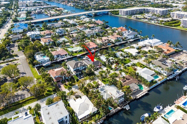 aerial view featuring a water view