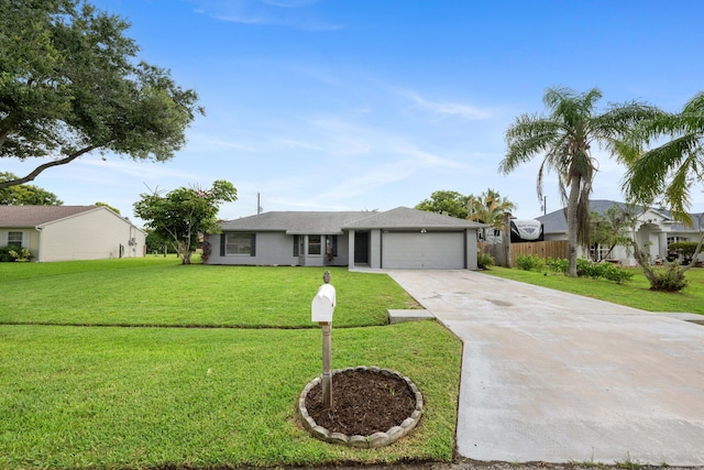 ranch-style home with a garage and a front lawn