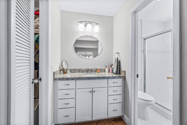 bathroom with vanity, an enclosed shower, and toilet