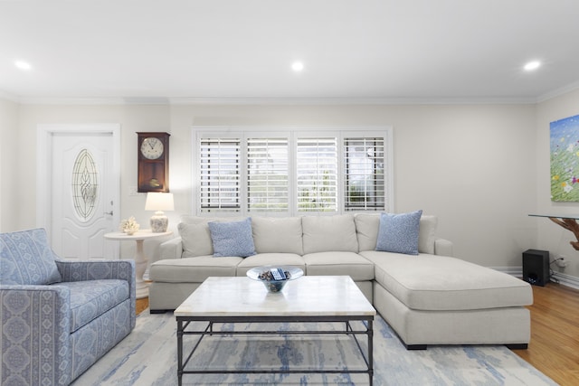 living room with crown molding and light hardwood / wood-style flooring