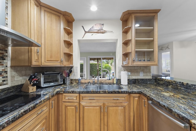 kitchen featuring backsplash, black electric stovetop, sink, stainless steel dishwasher, and dark stone countertops