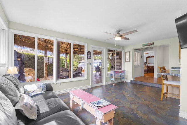 living room featuring ceiling fan