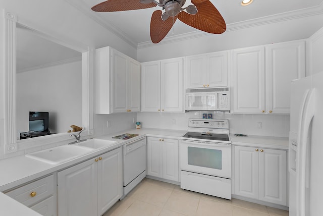 kitchen featuring ceiling fan, sink, white cabinets, white appliances, and light tile patterned floors