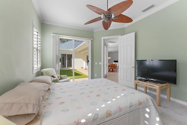 carpeted bedroom with access to exterior, ceiling fan, and crown molding