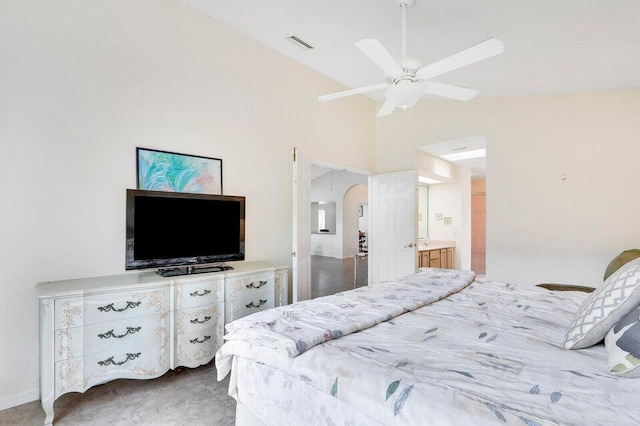 bedroom with ceiling fan and lofted ceiling