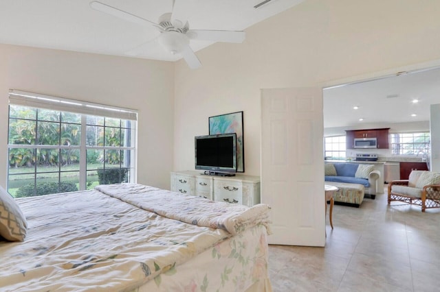 tiled bedroom with ceiling fan