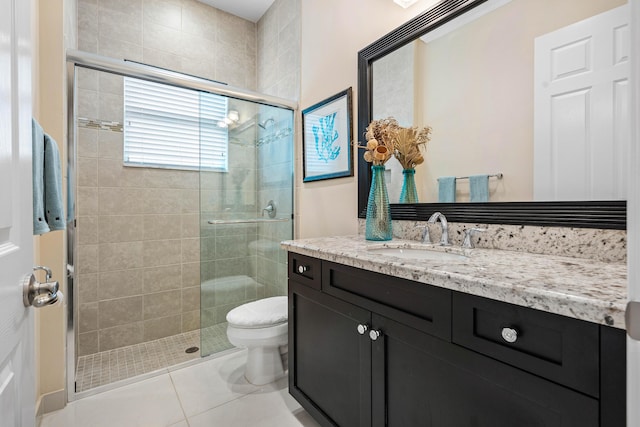 bathroom featuring a shower with door, tile patterned floors, vanity, and toilet