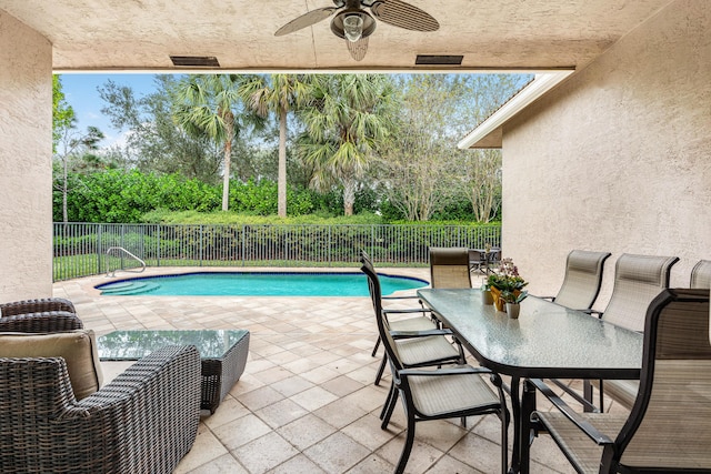 view of pool with ceiling fan and a patio area