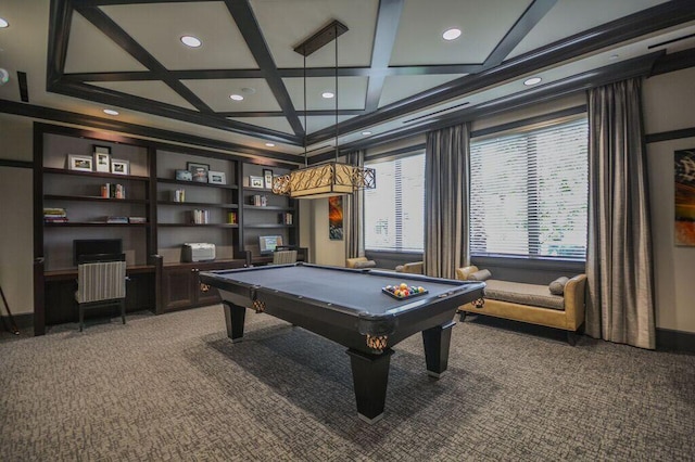 playroom featuring coffered ceiling, carpet, built in features, billiards, and beam ceiling