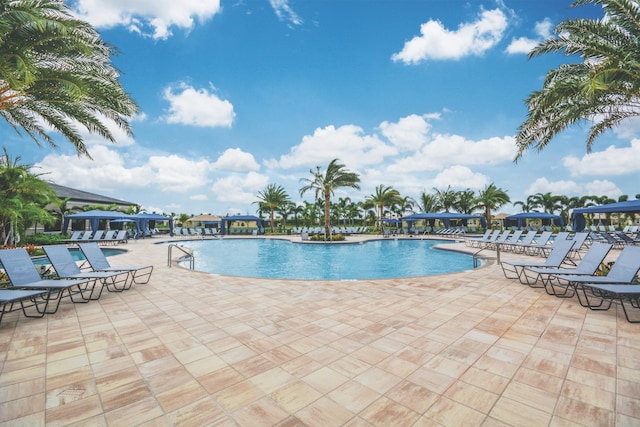 view of swimming pool with a patio area