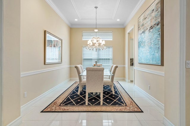 tiled dining room with ornamental molding and an inviting chandelier