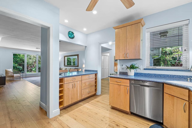 kitchen with dishwasher, light brown cabinetry, light hardwood / wood-style flooring, and ceiling fan