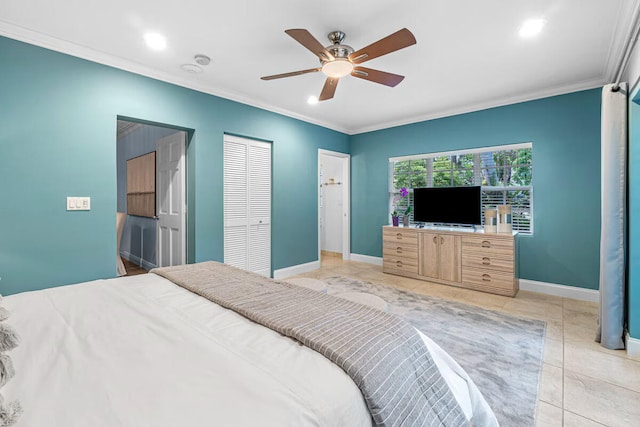 bedroom featuring ceiling fan, light tile patterned flooring, and ornamental molding