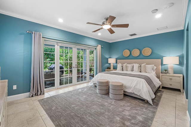 bedroom with french doors, ceiling fan, access to exterior, ornamental molding, and light tile patterned flooring