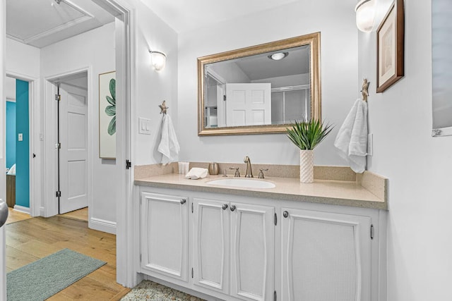 bathroom with vanity and wood-type flooring