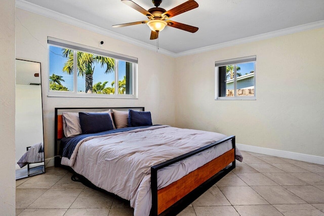 bedroom with light tile patterned flooring, baseboards, ceiling fan, and ornamental molding