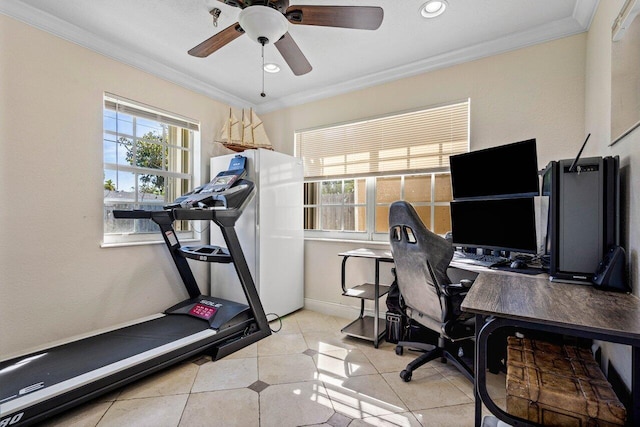 office area featuring light tile patterned floors, ornamental molding, and a healthy amount of sunlight