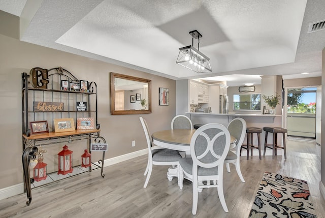 dining area with a raised ceiling and light hardwood / wood-style flooring