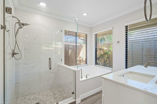 bathroom featuring ornamental molding, plus walk in shower, vanity, and hardwood / wood-style flooring