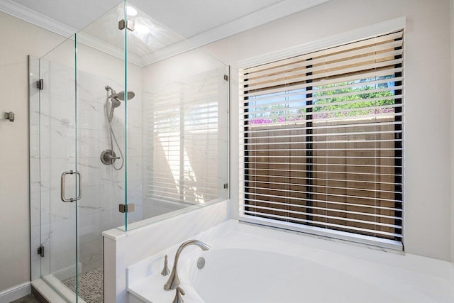 bathroom featuring ornamental molding and separate shower and tub