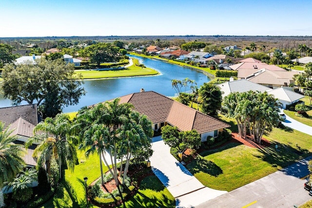 drone / aerial view featuring a water view