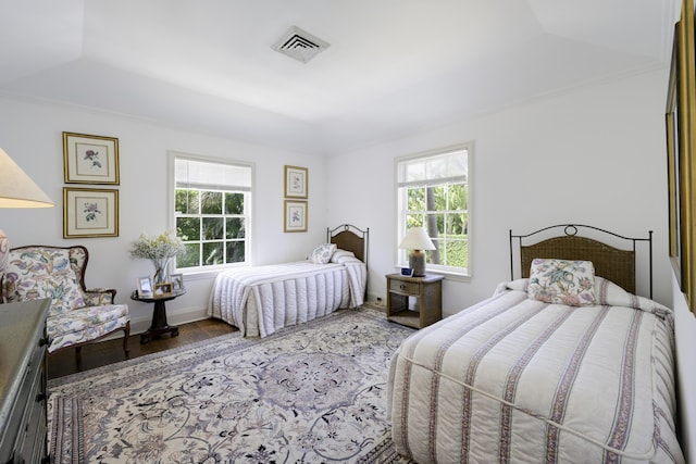 bedroom with a raised ceiling, multiple windows, and hardwood / wood-style floors