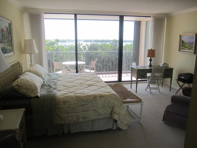 carpeted bedroom with access to exterior and ornamental molding