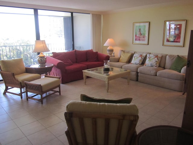 tiled living room with ornamental molding