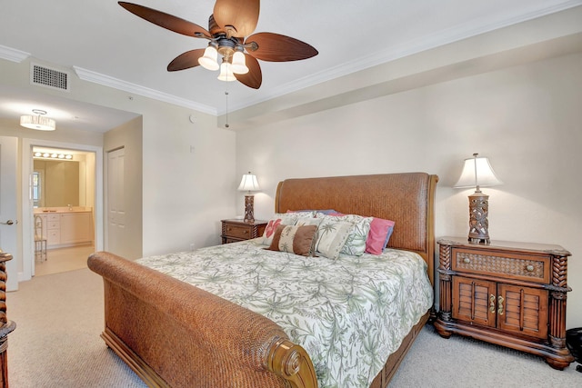 bedroom with ensuite bathroom, ceiling fan, light colored carpet, and crown molding