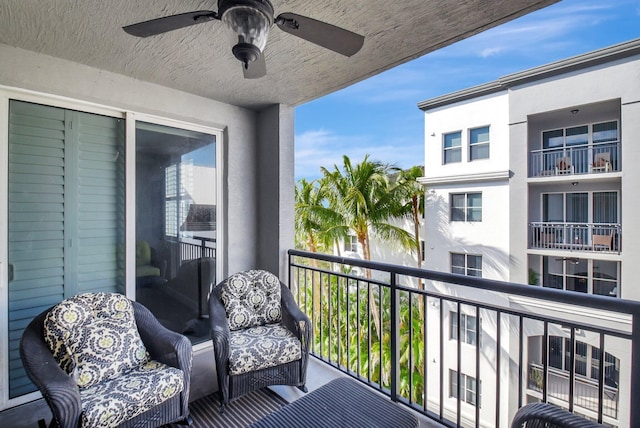 balcony featuring ceiling fan