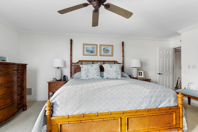 bedroom featuring carpet floors, ceiling fan, and ornamental molding