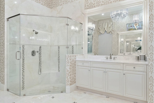 bathroom featuring vanity and walk in shower