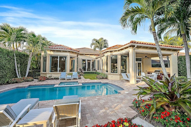 view of swimming pool featuring a patio and ceiling fan