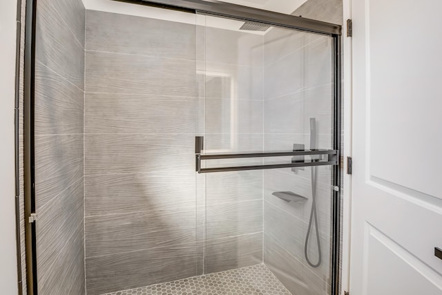 bathroom featuring a shower with shower door