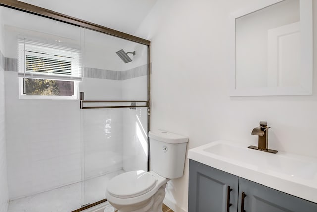 bathroom featuring an enclosed shower, vanity, and toilet