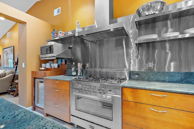 kitchen with vaulted ceiling, appliances with stainless steel finishes, island range hood, and light stone counters