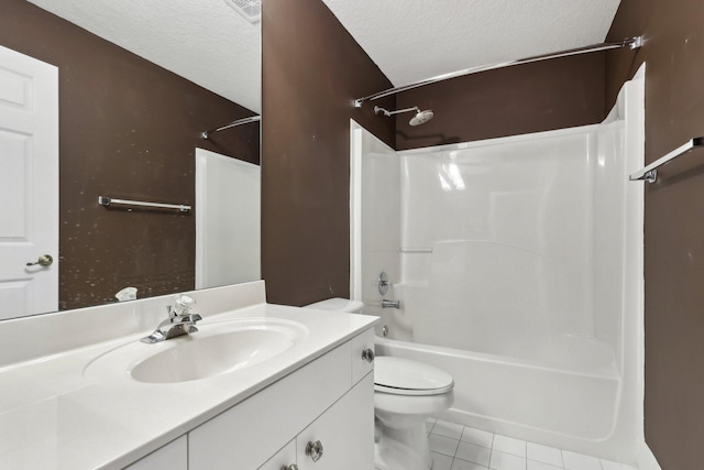 full bathroom with toilet, vanity, tile patterned flooring, shower / bath combination, and a textured ceiling