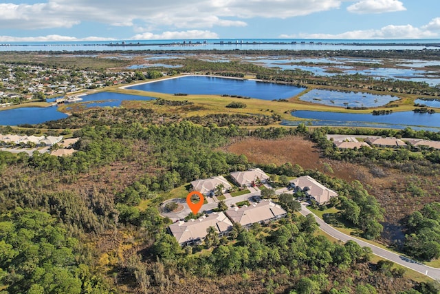 aerial view featuring a water view