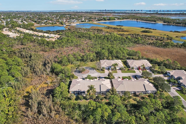 drone / aerial view with a water view