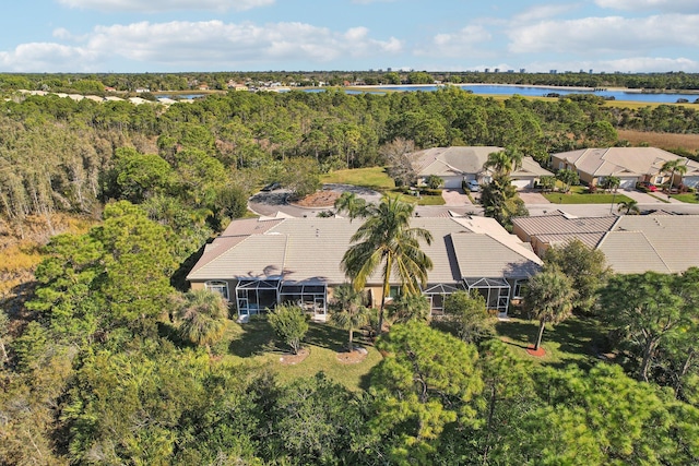 drone / aerial view with a water view