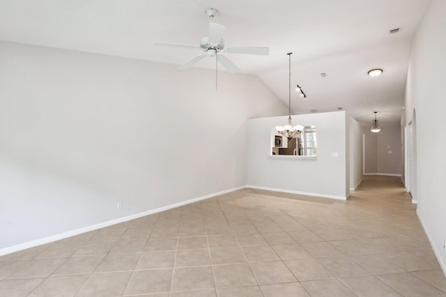 unfurnished living room with light tile patterned floors, lofted ceiling, and ceiling fan with notable chandelier