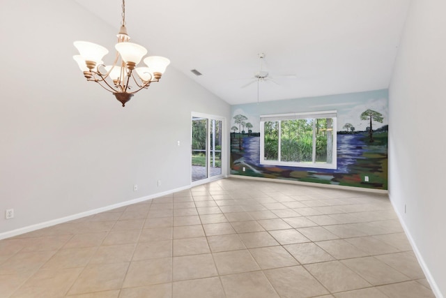 tiled empty room featuring ceiling fan with notable chandelier and lofted ceiling