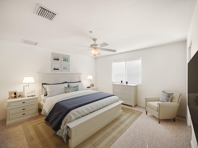 bedroom with ceiling fan and light colored carpet