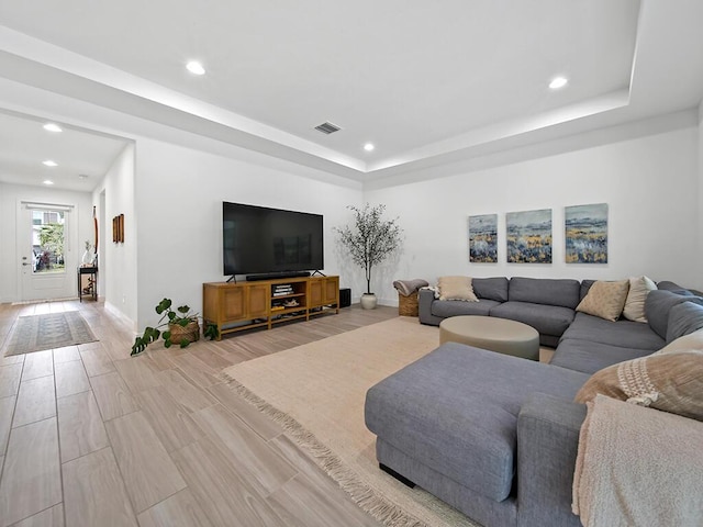 living room with a raised ceiling