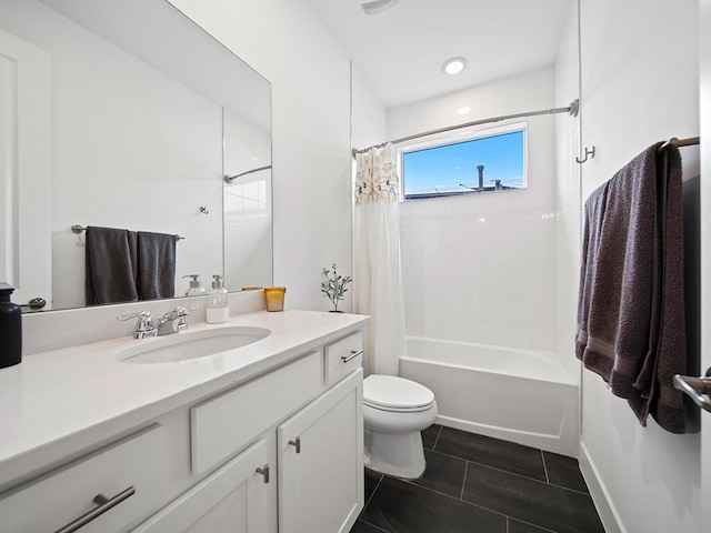 full bathroom featuring shower / tub combo, vanity, and toilet