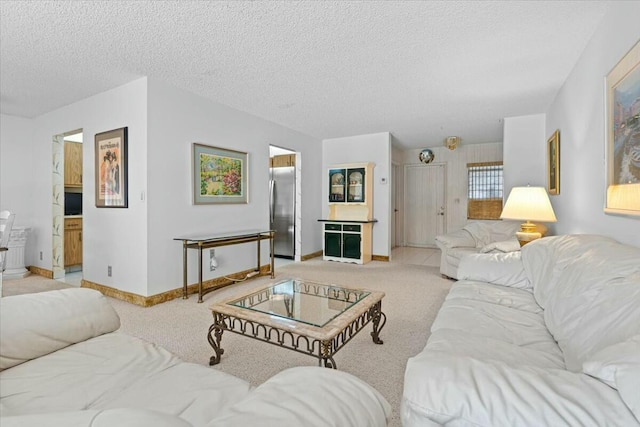 carpeted living room with a textured ceiling