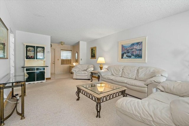 living room with carpet and a textured ceiling