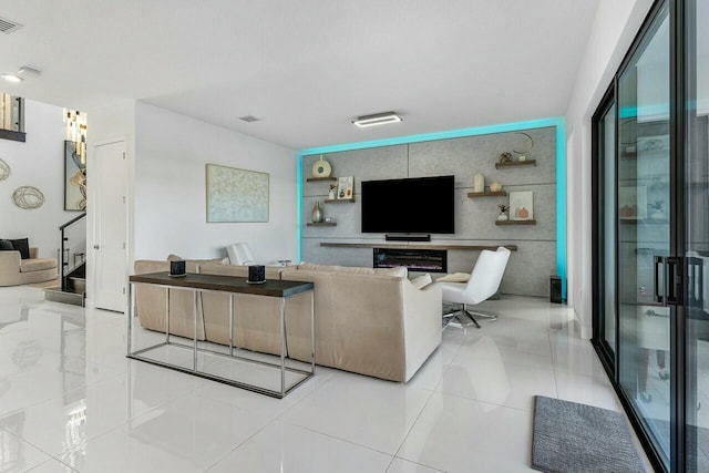 living room featuring light tile patterned flooring