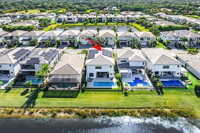 drone / aerial view featuring a water view